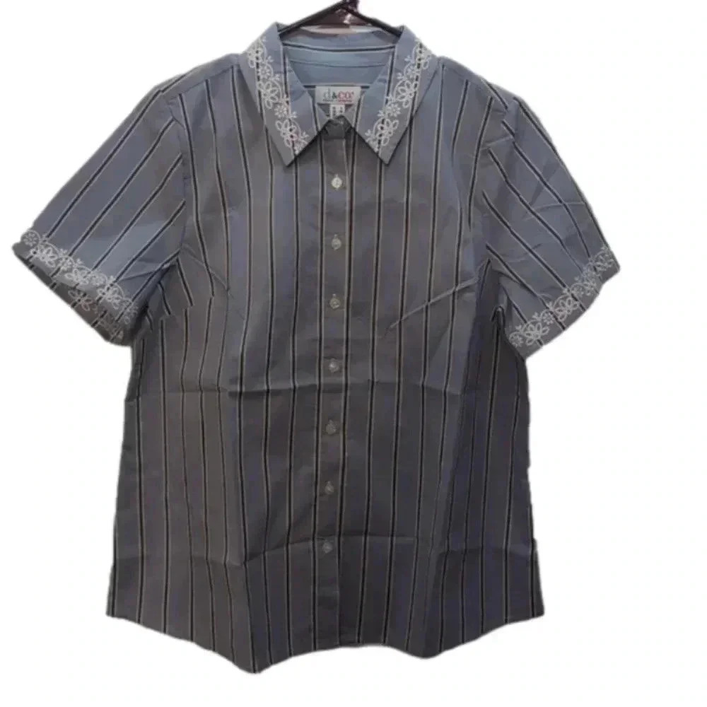 Denim+ company women's white stripes embroidered button down collar blouse